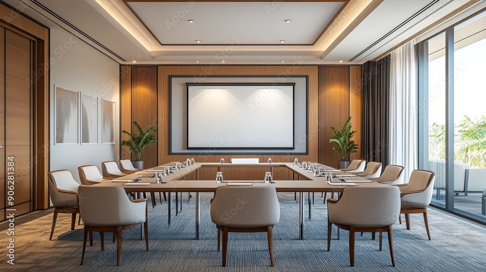 Spacious conference room with a whiteboard, modern decor, and comfortable chairs arranged around a central table Spacious conference room with a whiteboard, modern decor, and comfortable chairs arranged around a central table