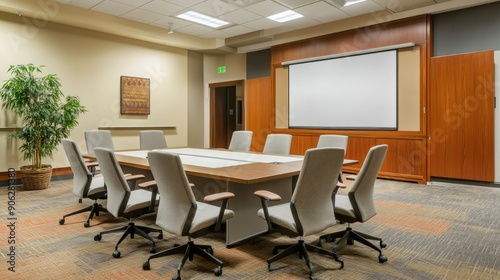Spacious conference room with a whiteboard, modern decor, and comfortable chairs arranged around a central table