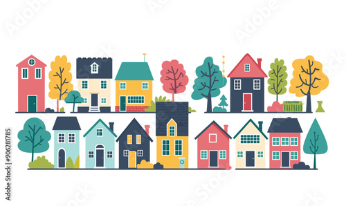 Colorful suburban homes flat design style featuring various trees houses different sizes colors. Urban neighborhood panorama residential buildings, lush foliage, vibrant colors. Cartoon residential