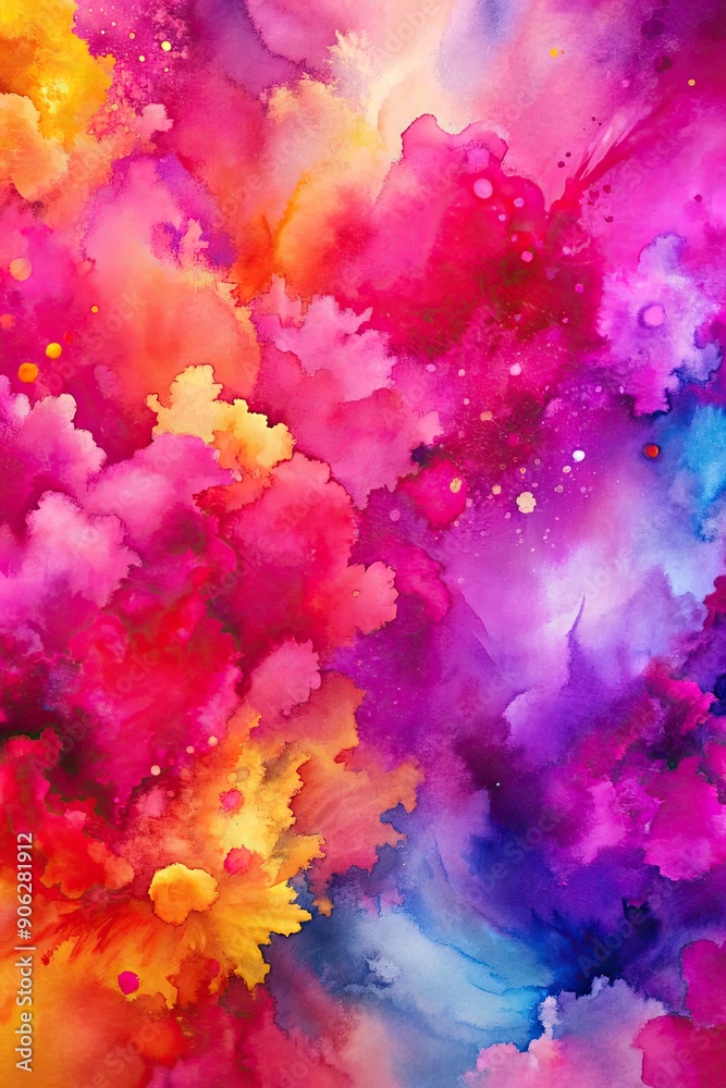 Bright abstract painting with splashes of pink and yellow.