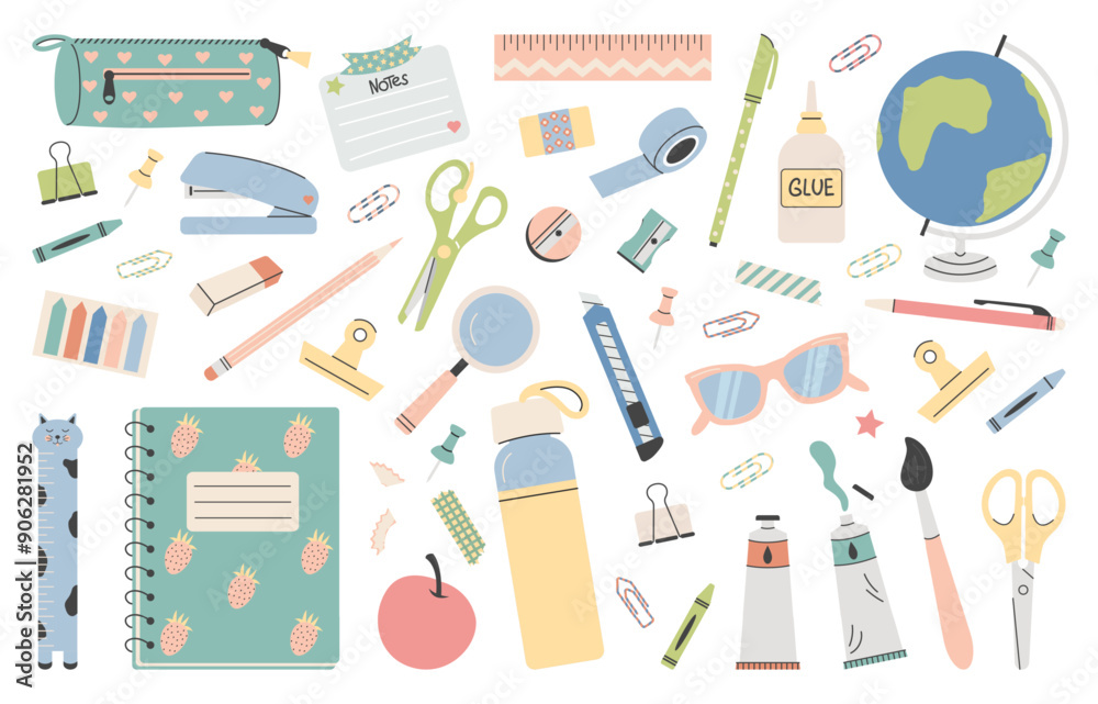 Big set of school supplies. Back to school stickers. Cute office supplies hand drawn. Knowledge for all. Vector illustration in a flat style. Big set of school supplies. Back to school stickers. Cute office supplies hand drawn. Knowledge for all. Vector illustration in a flat style.