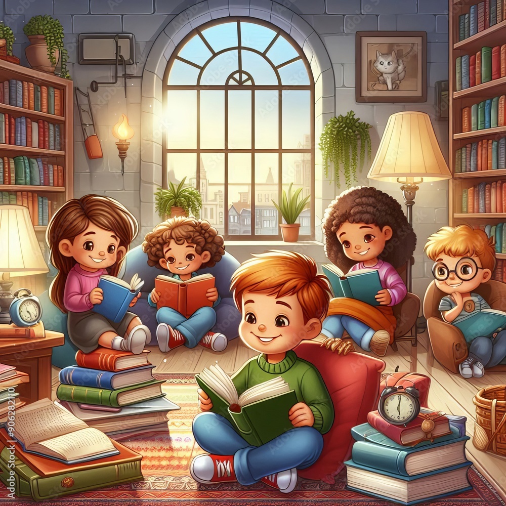Fototapeta premium Kids reading a book after Back to School