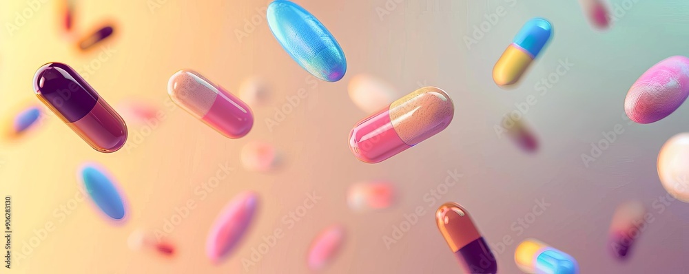 Capsules of various colors floating midair against a soft gradient background, creating a sense of movement Capsules of various colors floating midair against a soft gradient background, creating a sense of movement