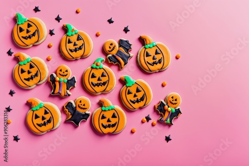 Yellow ladybug eggs macro vectSpooky Halloween treats orange pumpkins chocolate cookies candy perfect for autumn party designor illustration on bright leaf photo