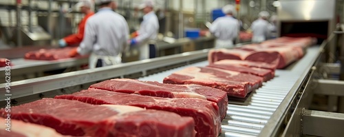 A conveyor belt in a meat processing plant moving slabs of red meat towards packaging, with workers in the background