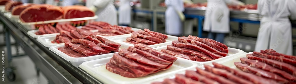 A meat processing plant with neatly arranged trays of sliced red meat on a conveyor belt, workers in white coats in the background A meat processing plant with neatly arranged trays of sliced red meat on a conveyor belt, workers in white coats in the background