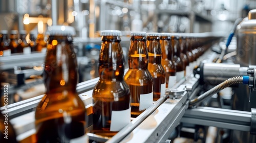 A line of beer bottles moving through a labeling machine in a brewery, with labels being applied