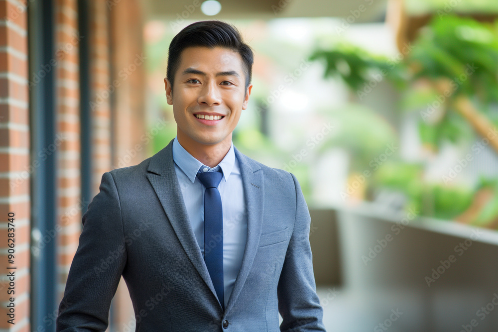 photo of happy young handsome asian businessman in a suit smiling friendly into the camera photo of happy young handsome asian businessman in a suit smiling friendly into the camera