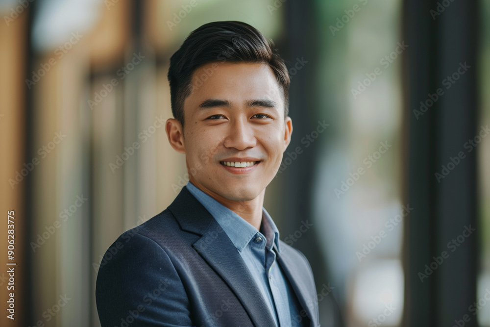 photo of happy young handsome asian businessman in a suit smiling friendly into the camera photo of happy young handsome asian businessman in a suit smiling friendly into the camera
