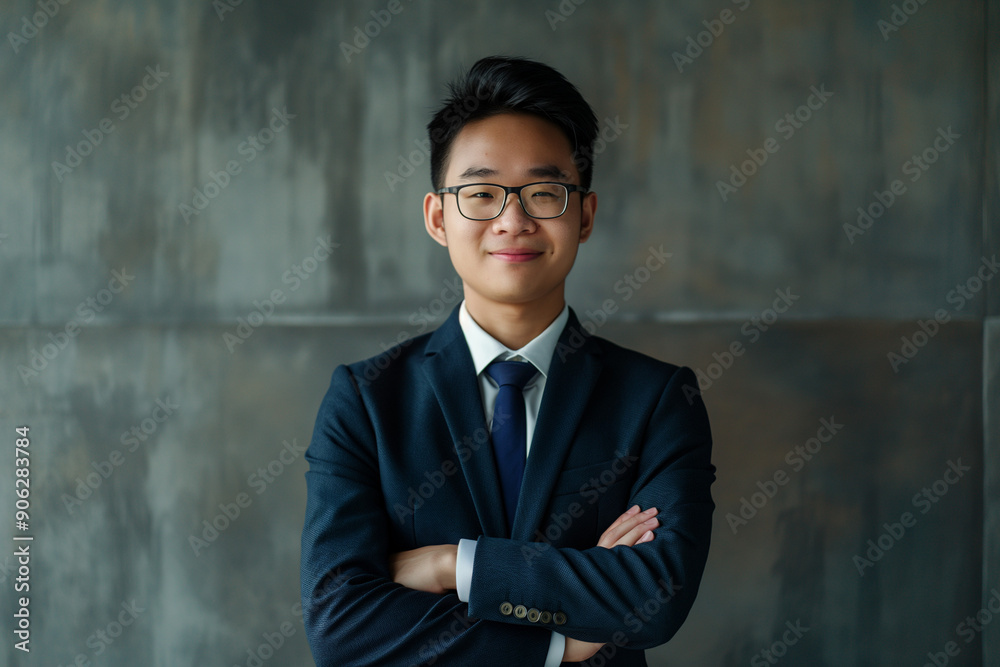 photo of happy young handsome asian businessman in a suit smiling friendly into the camera