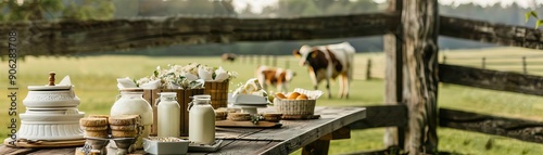 A rustic farm table set with fresh dairy products, a wooden fence, and a grazing cow in the background