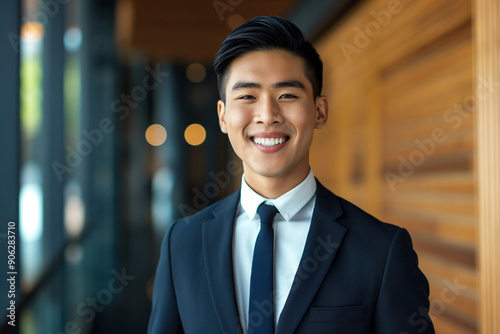 photo of happy young handsome asian businessman in a suit smiling friendly into the camera