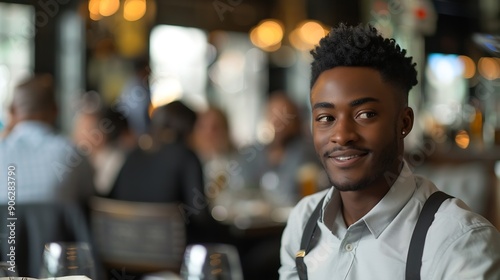 Portrait of young Black man talking to servers wearing classic uniforms during staff meeting in restaurant : Generative AI photo