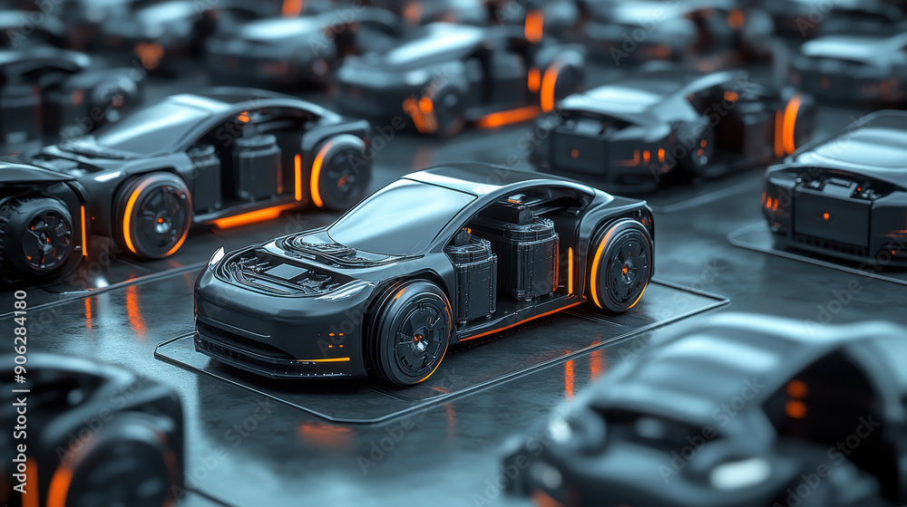 Rows of advanced futuristic electric cars being assembled on a high-tech production line, glowing with neon lights. Rows of advanced futuristic electric cars being assembled on a high-tech production line, glowing with neon lights.