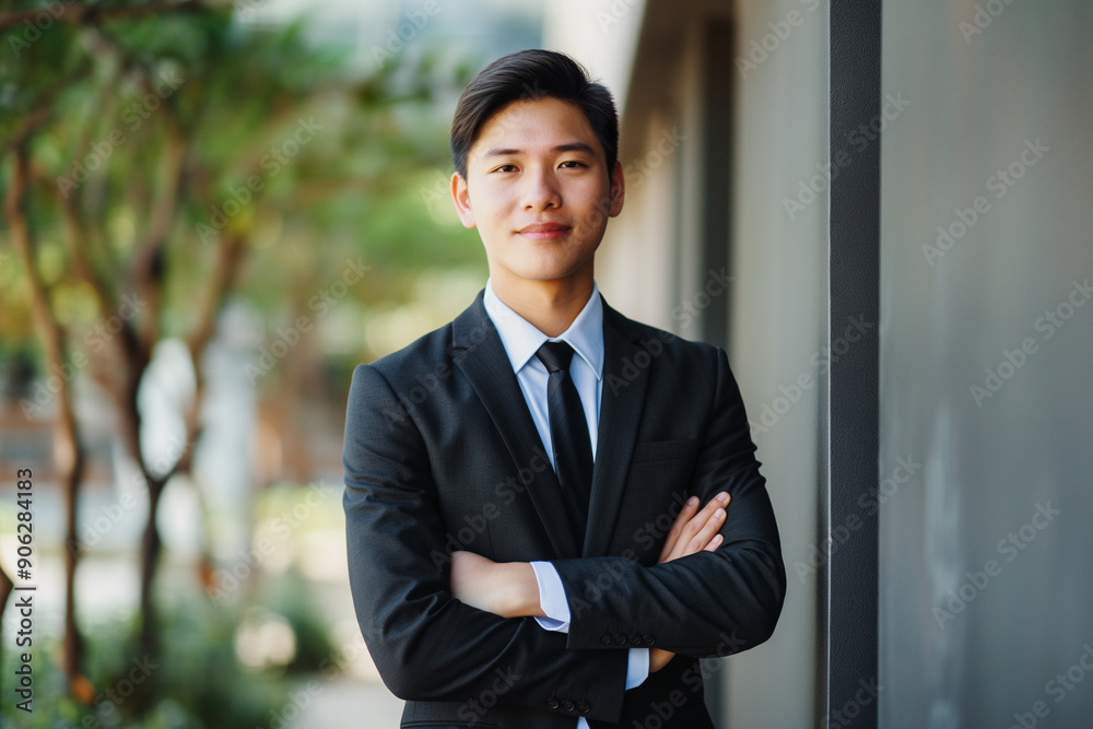 happy young asian businessman in a suit smiling proudly into the camera happy young asian businessman in a suit smiling proudly into the camera
