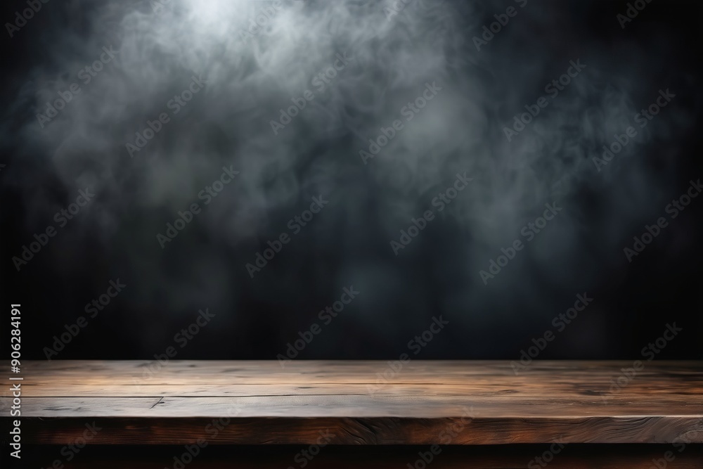 Empty misty dark room with aged wooden plank floor and blank concrete wall Empty misty dark room with aged wooden plank floor and blank concrete wall