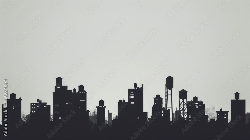 Chinese minimalism illustration, silhouette of a city skyline with residential buildings and a water tower, flat illustration Chinese illustration on soft gray background, empty copy space Chinese minimalism illustration, silhouette of a city skyline with residential buildings and a water tower, flat illustration Chinese illustration on soft gray background, empty copy space