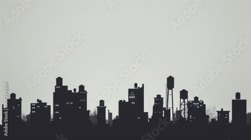 Chinese minimalism illustration, silhouette of a city skyline with residential buildings and a water tower, flat illustration Chinese illustration on soft gray background, empty copy space © Art Resources