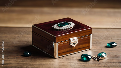 A jewelry box mockup displayed on a polished wooden surface, highlighting silver trim and scattered gemstones for a regal ambiance.