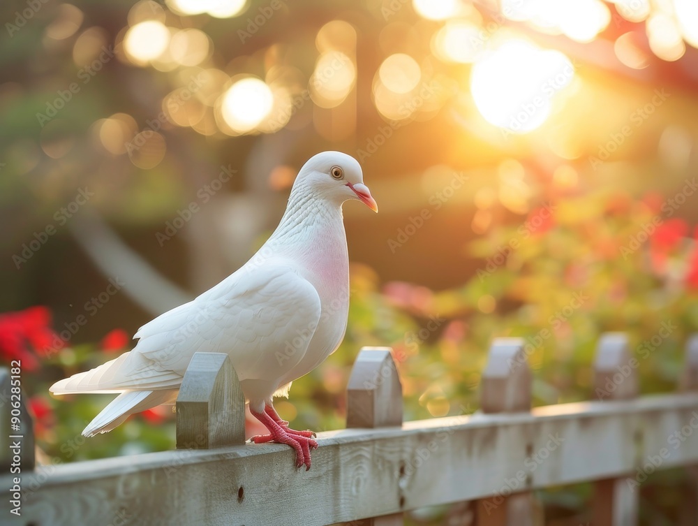 White pigeon perched on outdoor fence, a captivating shot of a bird in a serene outdoor setting White pigeon perched on outdoor fence, a captivating shot of a bird in a serene outdoor setting
