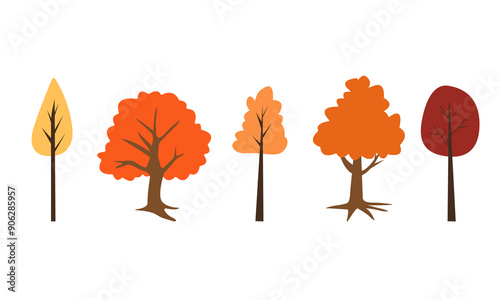 Colorful autumn trees. Cartoon yellow orange fall tree and autumnal garden bush icon with fall season gold leaves for city park and forest landscape background vector isolated symbol Eps 10