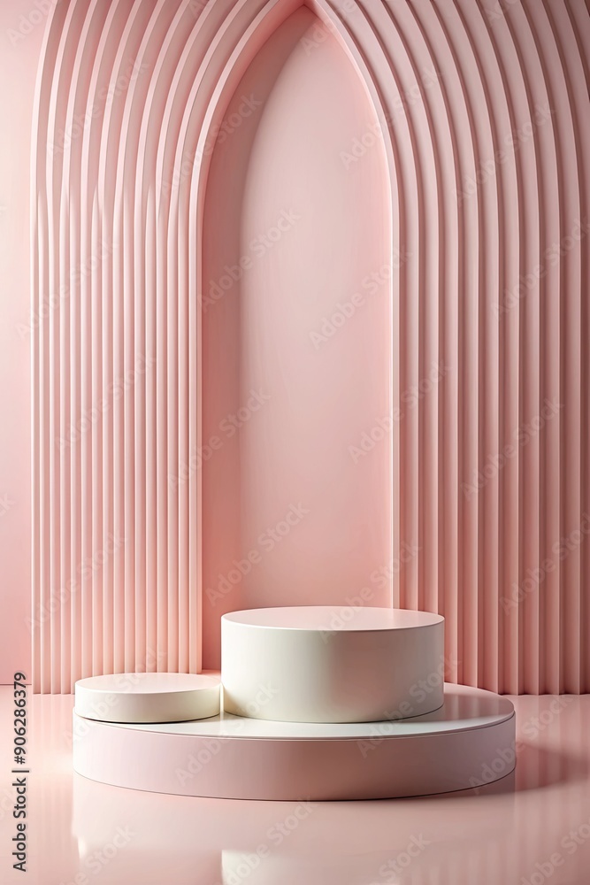 Minimalist pink and white podium with an arched backdrop. Minimalist pink and white podium with an arched backdrop.
