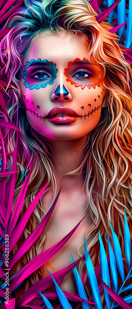 Obraz premium A woman with a skull painted on her face is surrounded by green and blue leaves. The image has a vibrant and colorful mood, with the skull adding a touch of edginess to the overall composition