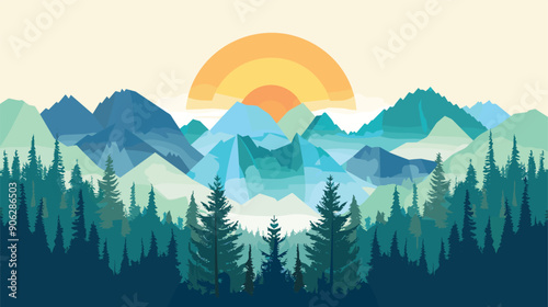 Geometric landscape mountains pine trees sunrise. Tranquil nature scenery sunrise over mountain range. Contemporary art mountain pine forest morning sun
