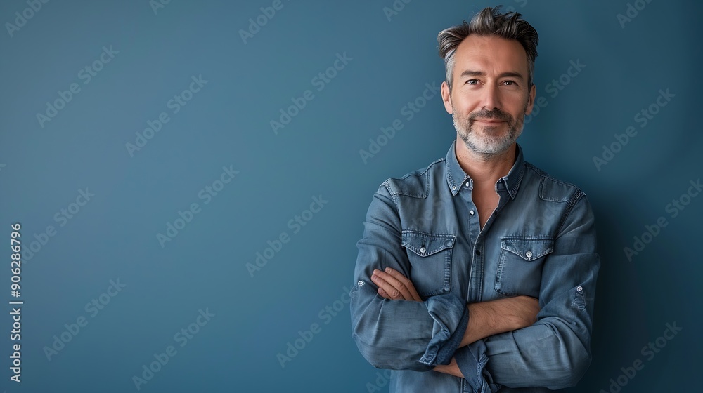 Obraz premium Handsome middleaged man standing with his arms folded looking at camera and smiling Halflength front portrait against blue background with copy space : Generative AI