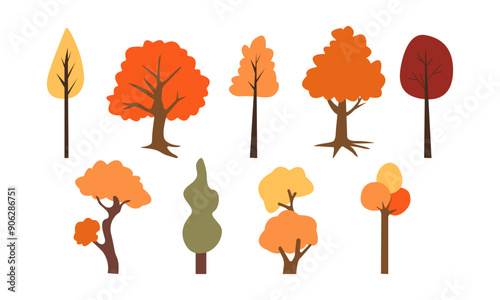 Colorful autumn trees. Cartoon yellow orange fall tree and autumnal garden bush icon with fall season gold leaves for city park and forest landscape background vector isolated symbol Eps 10