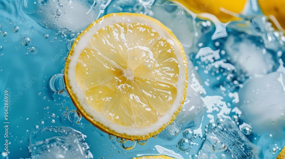 Lemon slice in water and ice on a blue background with bubbles. A cold drink in hot weather. Lemon slice in water and ice on a blue background with bubbles. A cold drink in hot weather.