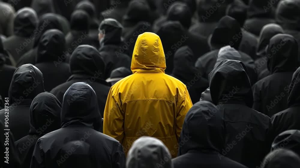 Person in yellow raincoat standing out from crowd, individuality and uniqueness concept