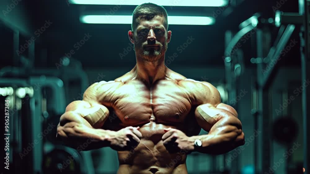 Muscular shirtless bodybuilder posing in dark gym, intense fitness training