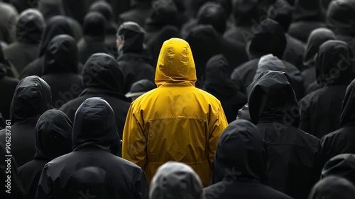 Person in yellow raincoat standing out from crowd, individuality and uniqueness concept