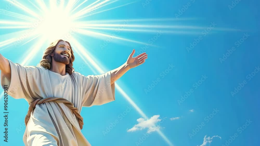 jesus christ face smiling with halo and rays of light cartoon style animation isolated on sky background. represent jesus love. ascention, ressurection, transformation - 4k stock video footage jesus christ face smiling with halo and rays of light cartoon style animation isolated on sky background. represent jesus love. ascention, ressurection, transformation - 4k stock video footage