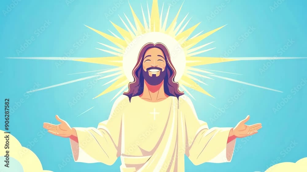 jesus christ face smiling with halo and rays of light cartoon style animation isolated on sky background. represent jesus love. ascention, ressurection, transformation - 4k stock video footage jesus christ face smiling with halo and rays of light cartoon style animation isolated on sky background. represent jesus love. ascention, ressurection, transformation - 4k stock video footage