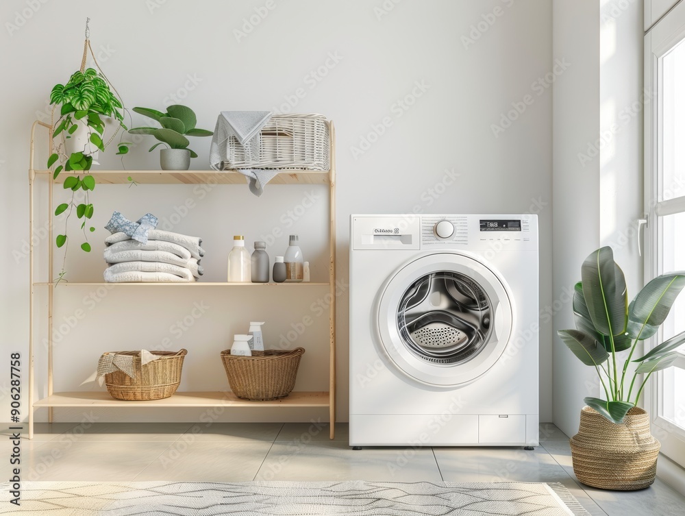 Modern laundry room with washing machine and stylish shelving unit in contemporary interior Modern laundry room with washing machine and stylish shelving unit in contemporary interior
