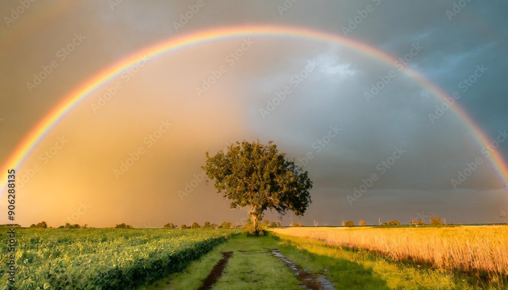 Naklejka premium Summer landscape with wheat field, road and lonely tree, thunderstorm with rain on background