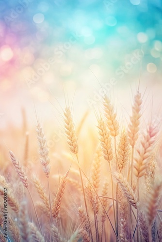 Wheat field with a soft pastel bokeh background.