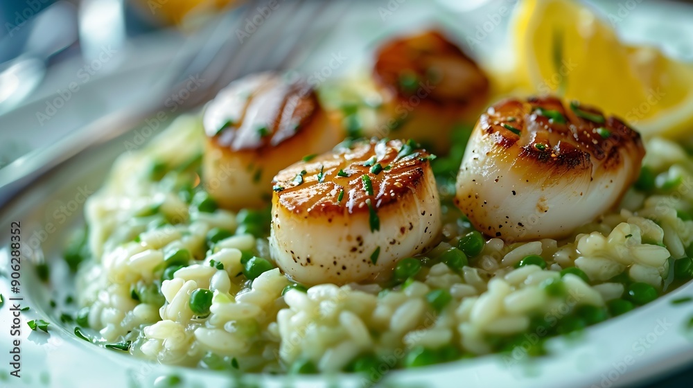 Pea risotto with pan seared sea scallops served in a white plate vertical shot closeup selective focus : Generative AI Pea risotto with pan seared sea scallops served in a white plate vertical shot closeup selective focus : Generative AI