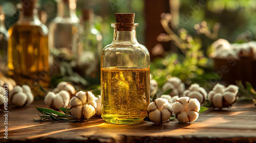 Glass Bottle of Golden Cottonseed Oil Surrounded by Soft Cotton Bolls at Sunset. Generative AI photo