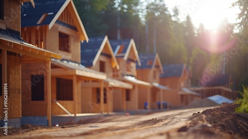 New home construction in a residential cottage community house shells waiting for roofing and siding : Generative AI