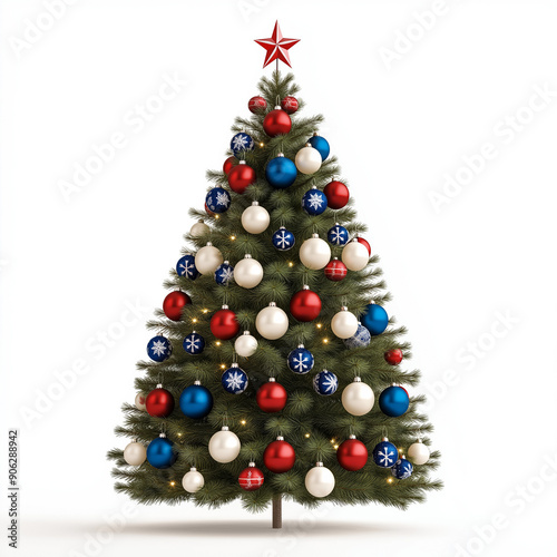 Christmas tree decorated in the colors of the Australian flag, with blue, white, and red ornaments and stars, isolated on white 