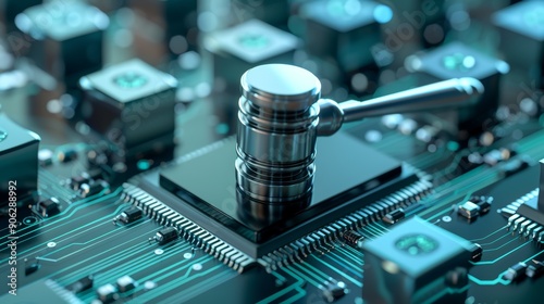 Close-up of a gavel placed on a digital circuit board, representing technology law and cyber justice.