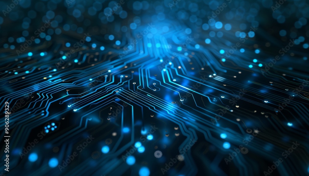Obraz premium Blue glowing circuit board in abstract space with radiant light lines for a futuristic tech concept