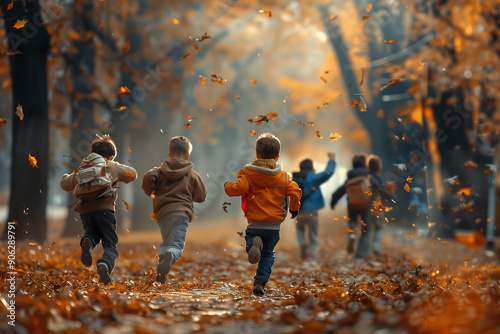 Kids with backpacks running through the park in autumn, back to school concept with copy space photo