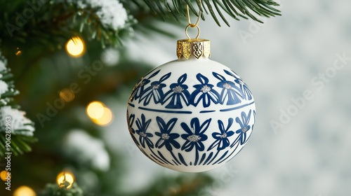 Closeup of a white and blue Christmas tree ornament with a windmill pattern, representing the Netherlands, on a snowy tree branch 