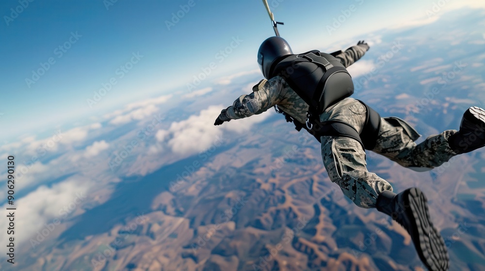 A skydiver freefalling through the sky with the ground far below A skydiver freefalling through the sky with the ground far below