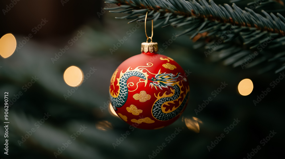 Isolated shot of a red and yellow ornament with a dragon pattern representing China, hanging on a tree, gradient background Isolated shot of a red and yellow ornament with a dragon pattern representing China, hanging on a tree, gradient background