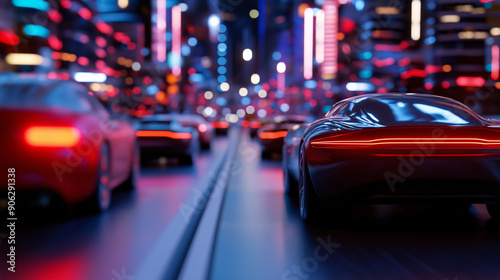 Retro-futuristic highway with streamlined vehicles and neon signs, seen from a bird's-eye view at dusk 